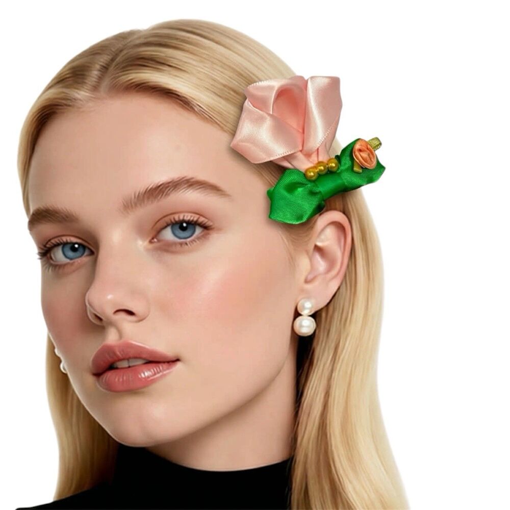 Handmade Satin Rose Hair Clip Pink Flower Green Bow Romantic Cottagecore 2.5 In - Picture 3 of 11